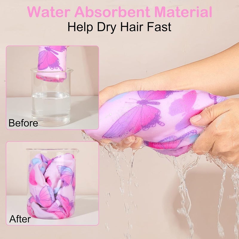 Basumee Microfiber Hair Towel Wrap for Kids 2 Pack - Rapid Drying Turbans With Button for Wet Hair - Head Towel Wrap for Women and Girls, Blue Pink Butterfly - Image 2